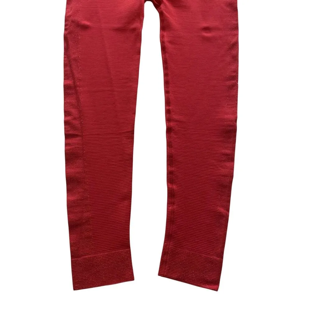 RBX Athleisure Scarlet Silver Lurex Shimmer High Waist Seamless Leggings Large Red - Image 6