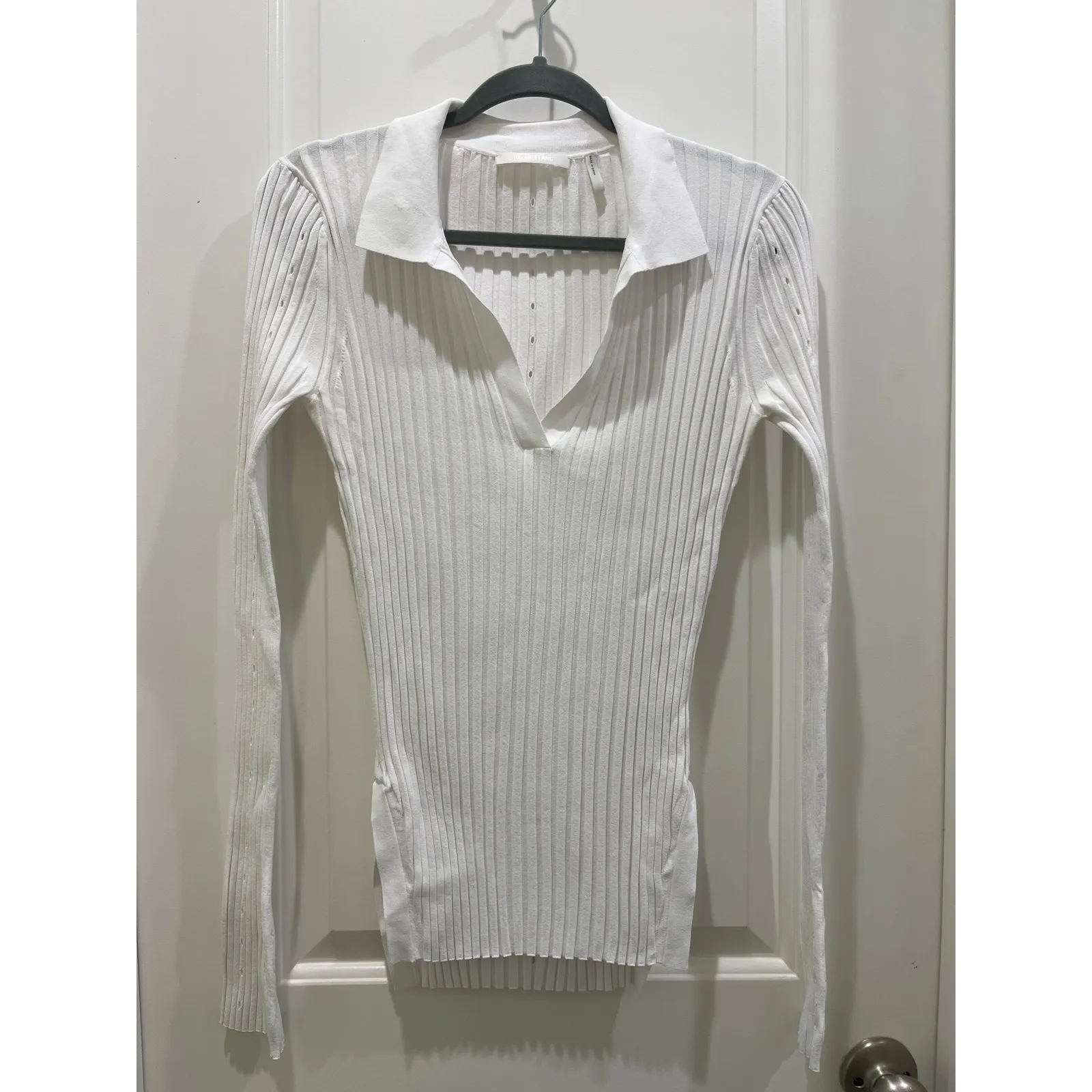 HELMUT LANG Slash Polo Ribbed White Blouse Sz M - Image 2