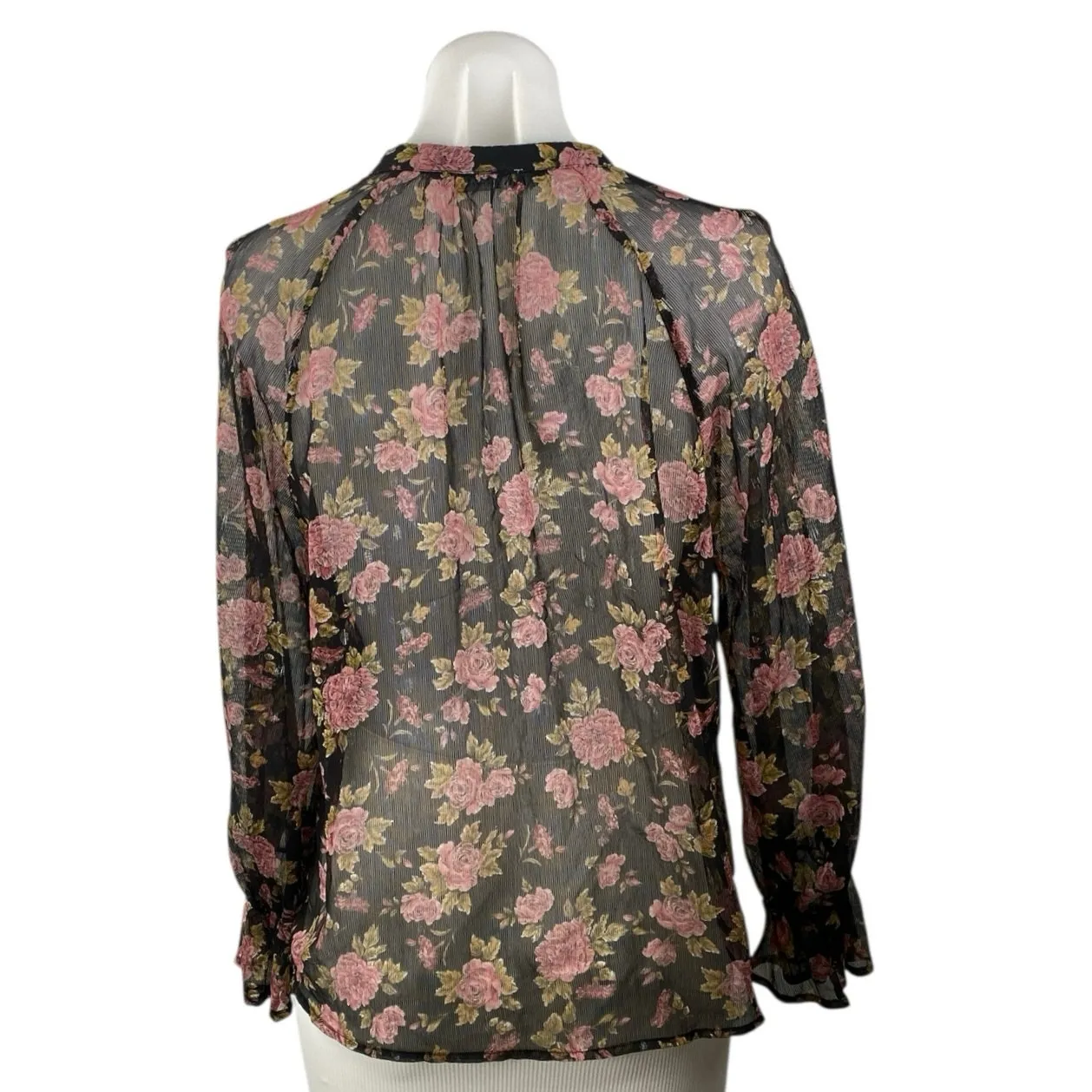 Zara Women's Floral Sheer Mesh Long Sleeve Ruffle V Neck Shirt Blouse Top Size S - Image 4