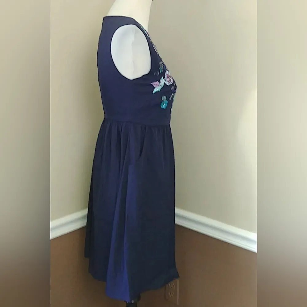 Navy Blue With Embroidered & Beaded Flowers by Yumi from Modcloth Dress NEW - Image 4