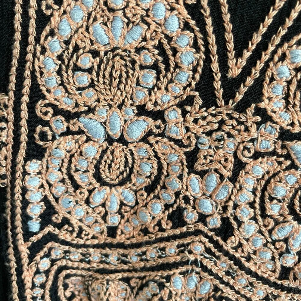 Free People Navy Blue Pink Embroidered V-Neck Mini Dress Long Sleeve - Image 3