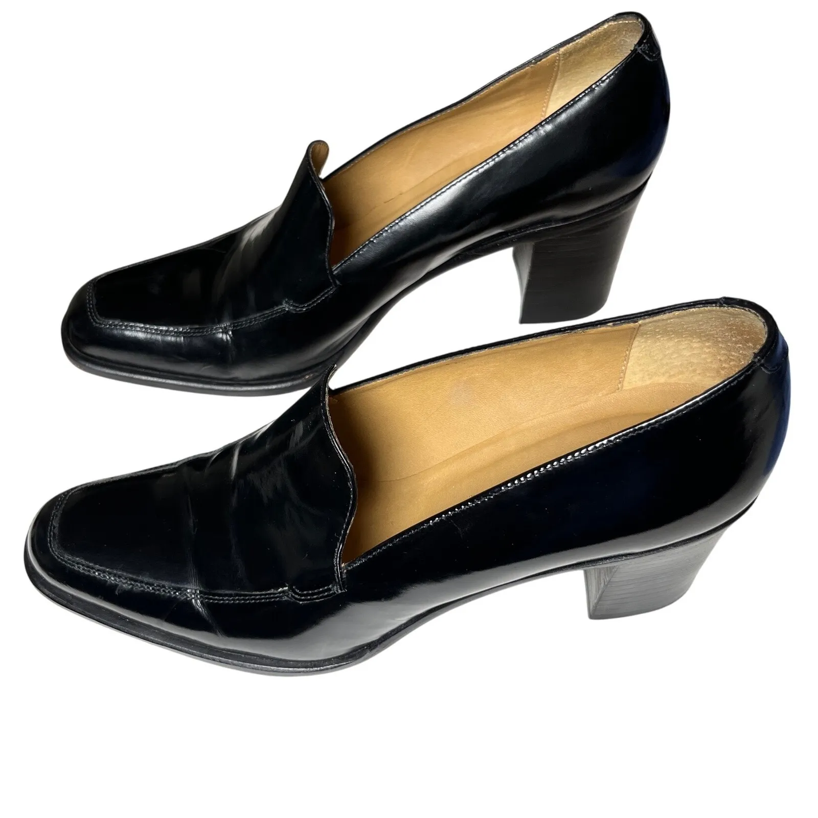 Franco Sarto Black Leather High Vamp Loafer Heels‎ Women's 8.5M Made in Brazil - Image 3