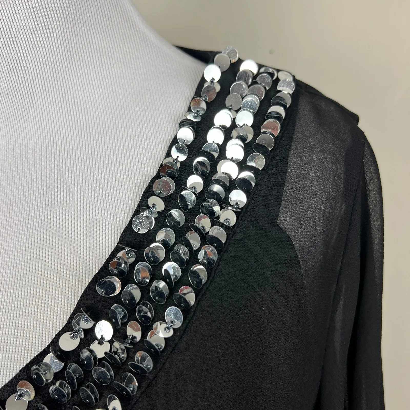 Cervelle Tunic Top Womens Small Black Semi Sheer Sequin Trim Lined Long Sleeve S - Image 11