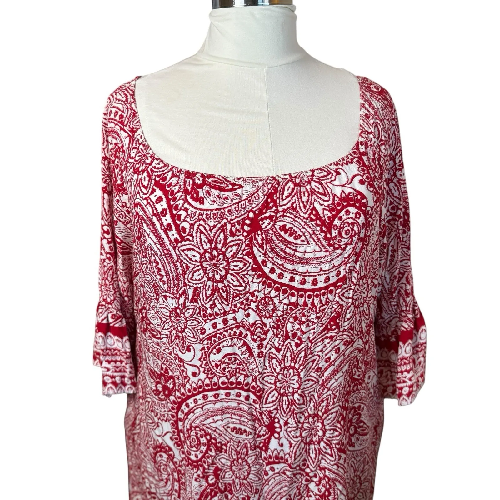 Umgee Dress Off Shoulder Bell Sleeve Red Paisley Floral 2XL Boho Peasant Holiday - Image 3