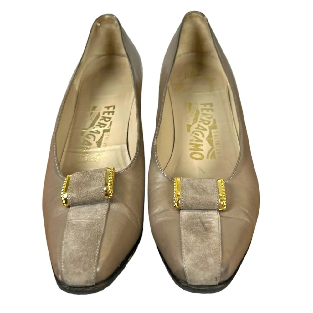 Salvatore Ferragamo Leather Suede Chunky Heel Beige Taupe Pump Women's Size 7 - Image 3