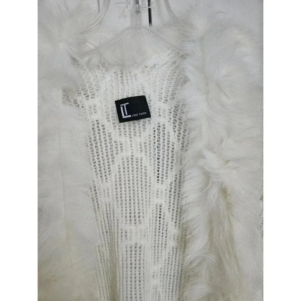 $174 Love Token Ivory‎ Knit Tiffany Duster Cardigan Rabbit fur trimming - Image 4