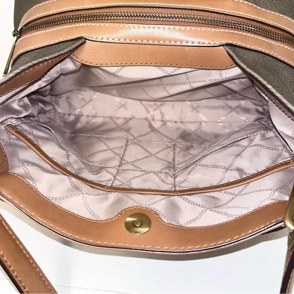 MICHAEL KORS Olive Camel Raven Canvas Leather Shoulder Tote Purse Handbag - Image 12