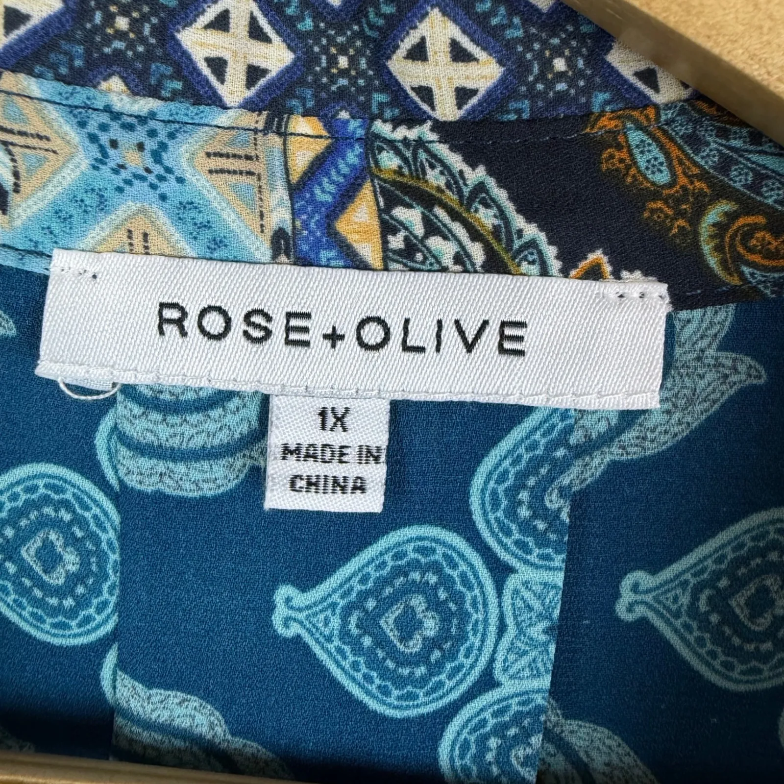 Rose + Olive Patchwork Paisley Button Down Shirt Sz 1X Blue Oversized Tunic Boho - Image 5