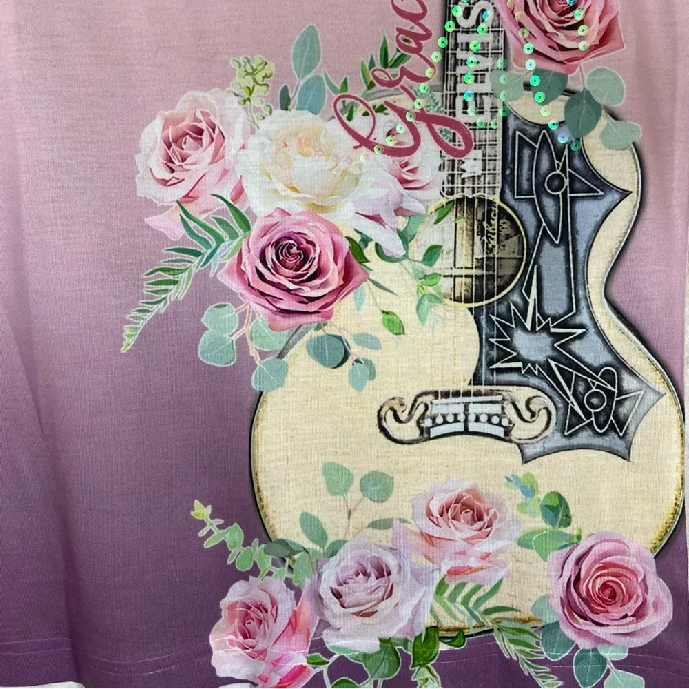 Graceland Elvis Presley Gibson Guitar and Roses Pink Sparkle Top Size Medium - Image 12