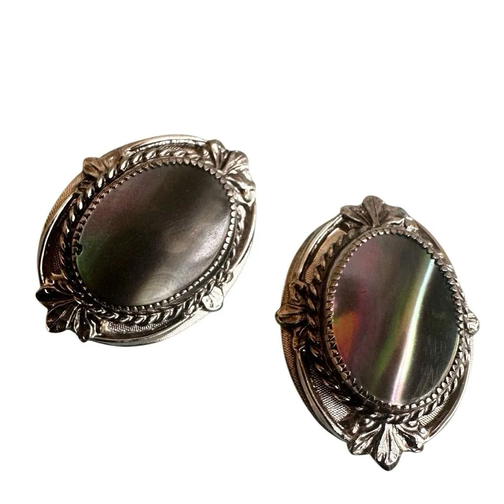 Whiting & Davis Abalone Shell Clip-On Earrings Vintage Silver Tone - Image 3