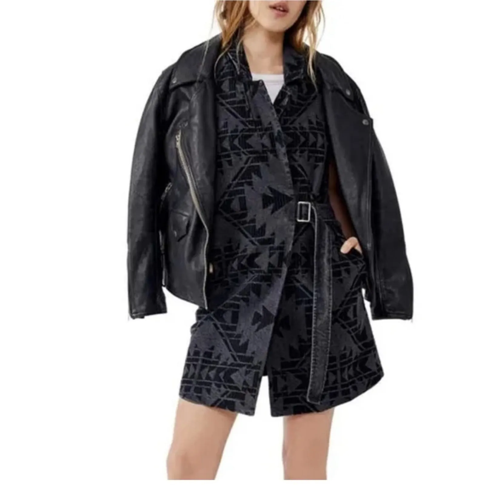 Free People Geometric Print Longline Denim Vest in Black XS - Image 5