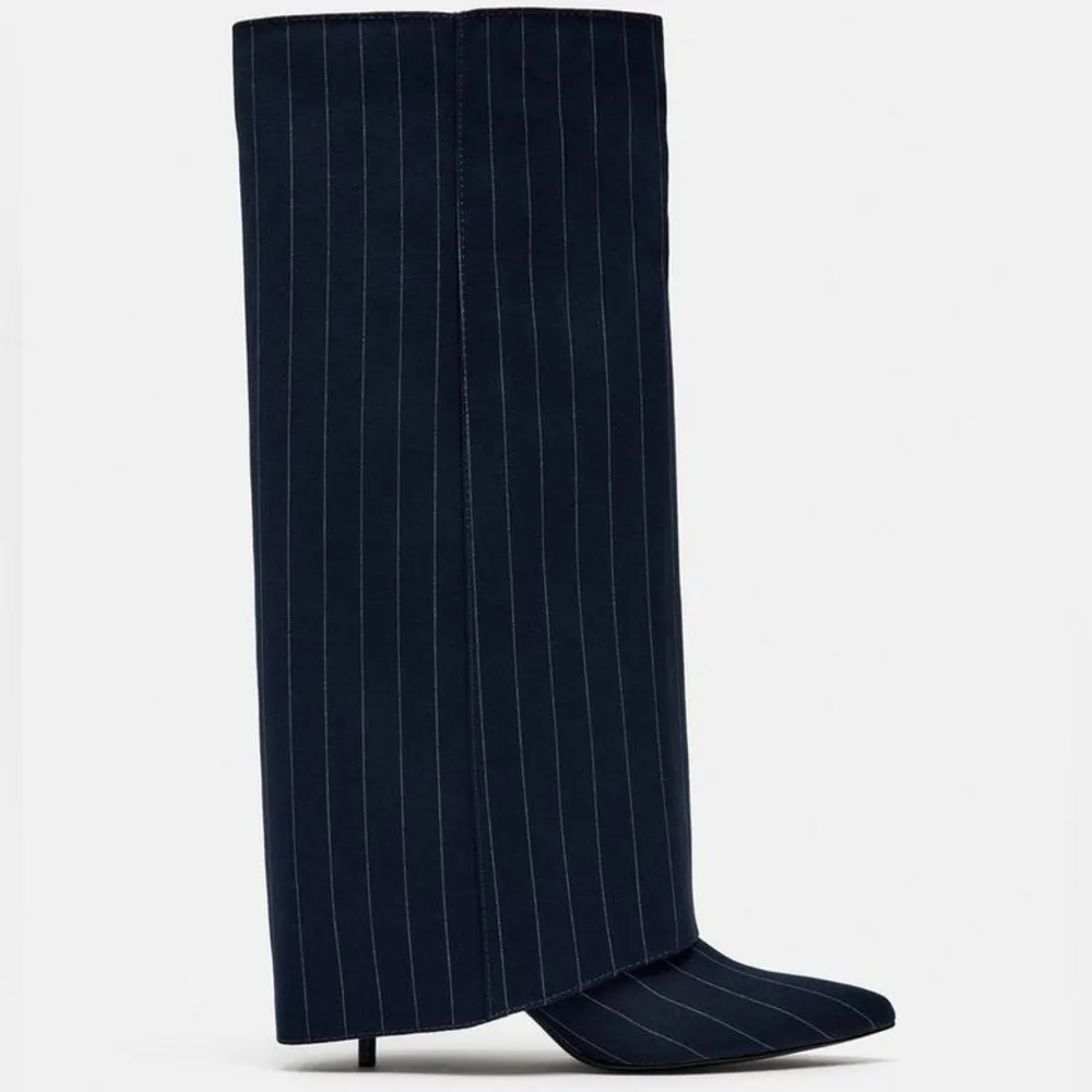 Zara Tall Fabric Boots Striped Gaiter detail Pointed toe Blue/White Size 35 NEW - Image 5