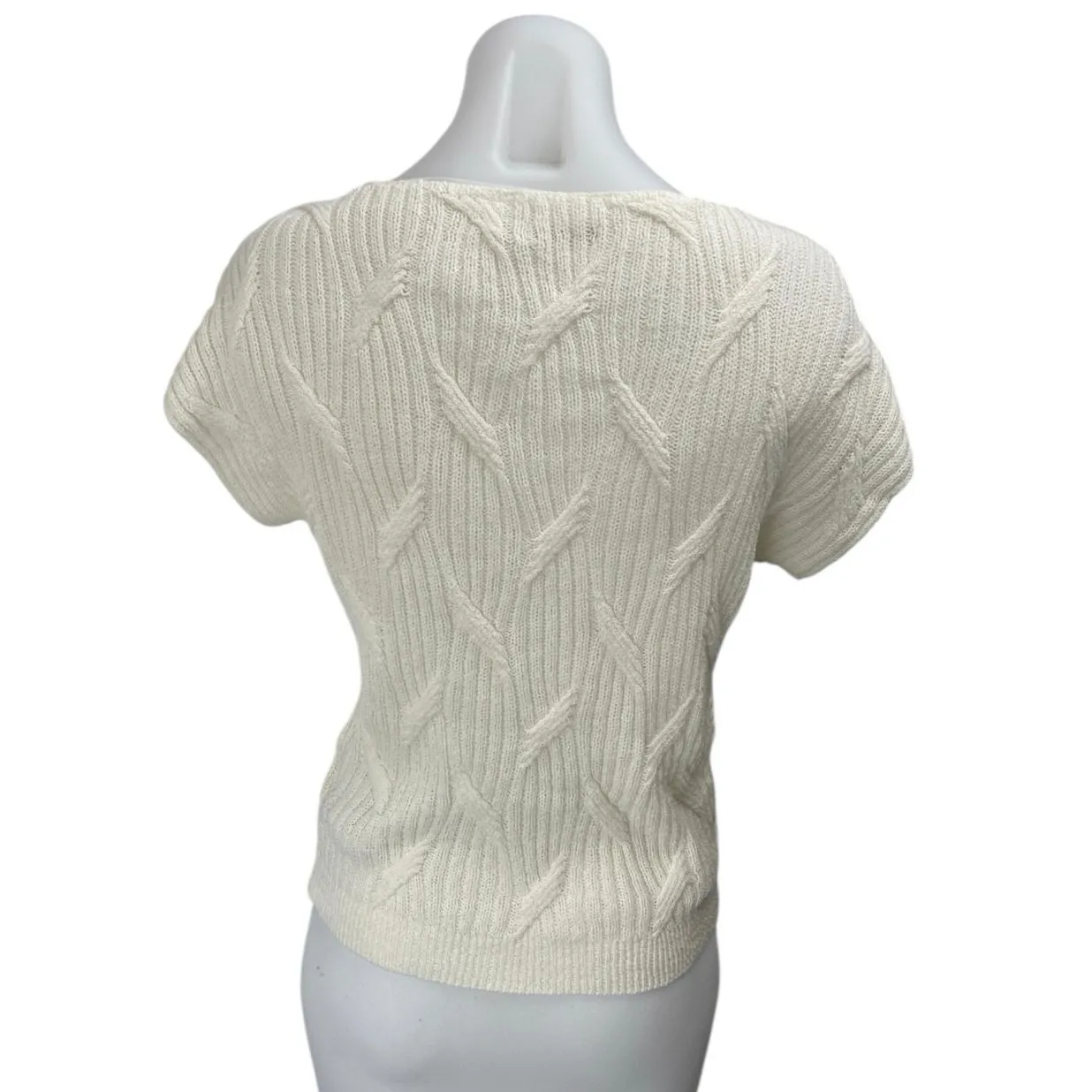 Zara Women's White Short Sleeve Cable Knit V-Neck Sweater Blouse Top Size XS - Image 2