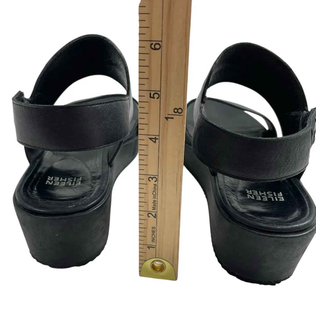 Eileen Fisher Wedge Sandal Women's Sz 9 Black Tumbled Leather Hook‎ Loop Closure - Image 5