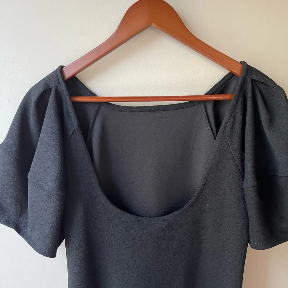 Zara Little Black Mini Dress Crepe Voluminous Puff Sleeve Low Back Medium - Image 6