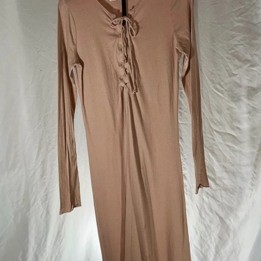 Free People 100% Cotton Tan Long Sleeve Lace-Up Dress Maxi Size M Boho Hippy - Image 6