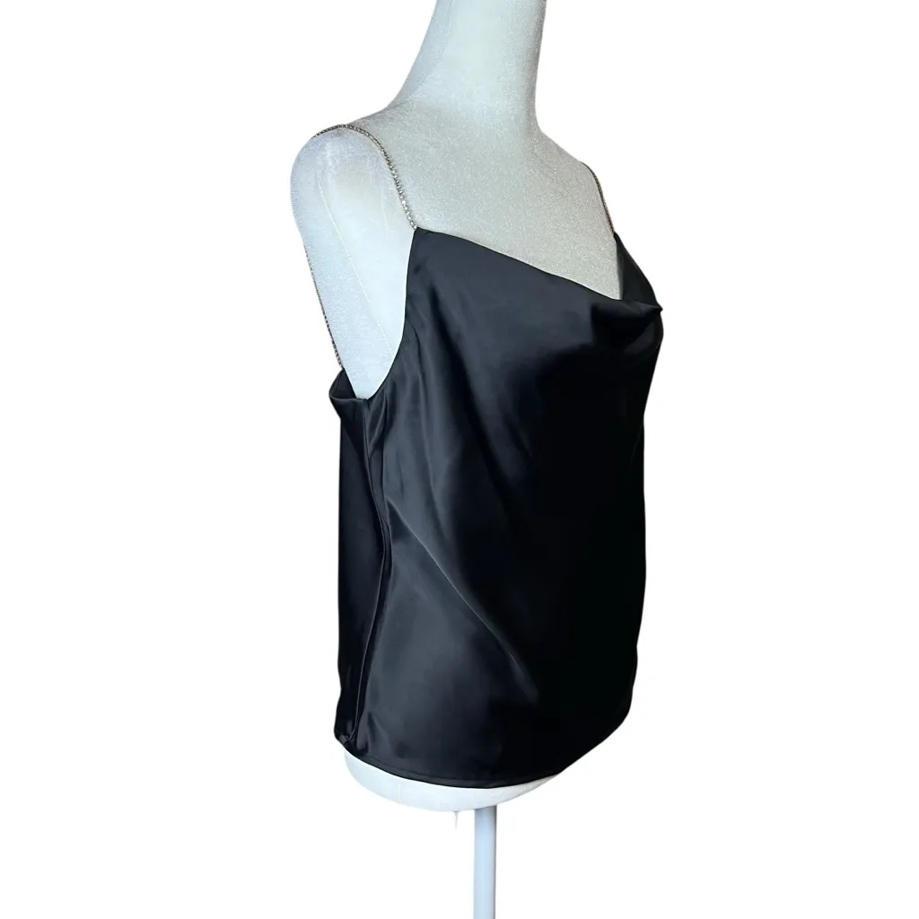 House of Harlow 1960 Black Satin Slinky Cami Top Rhinestone Draped Glam Sz XS - Image 6