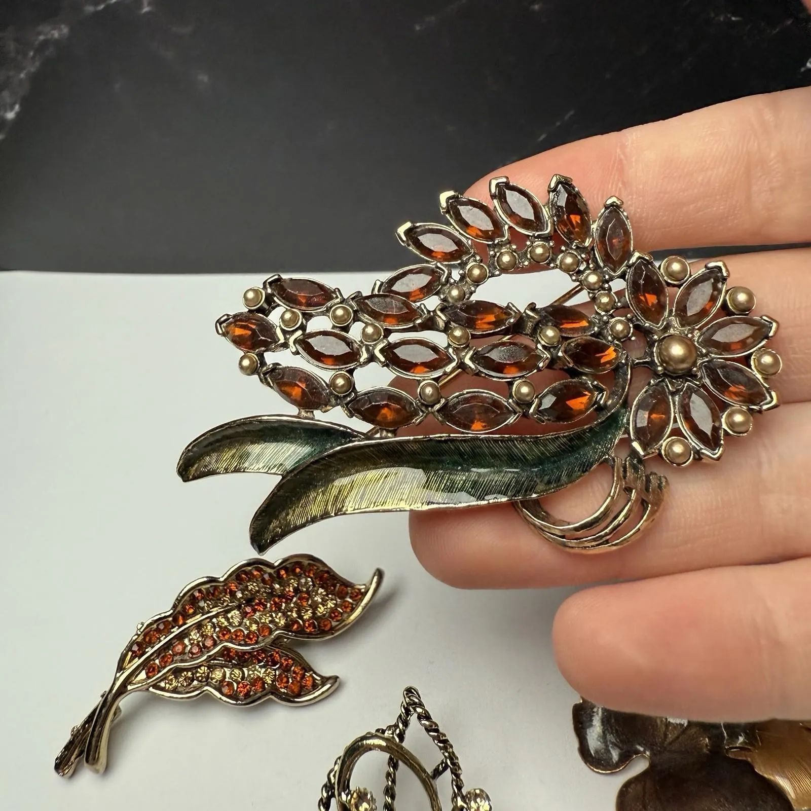 Autumn Leaves Fall Brooch Pins Lot Of 4 Gold Tone Some Enamel Some Rhinestone - Image 8