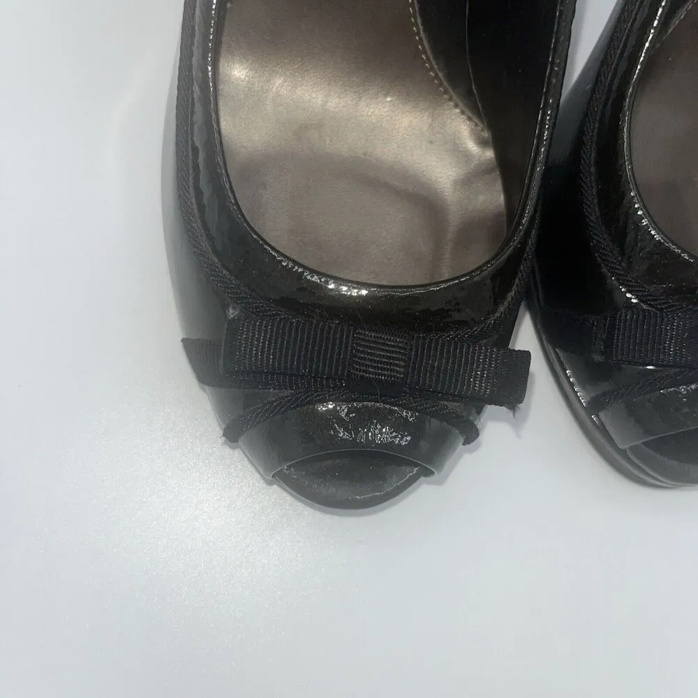 Linea Paolo Size 5 M Black Open Toe Patent Leather Bow Ribbon Accent Peep Toe - Image 4