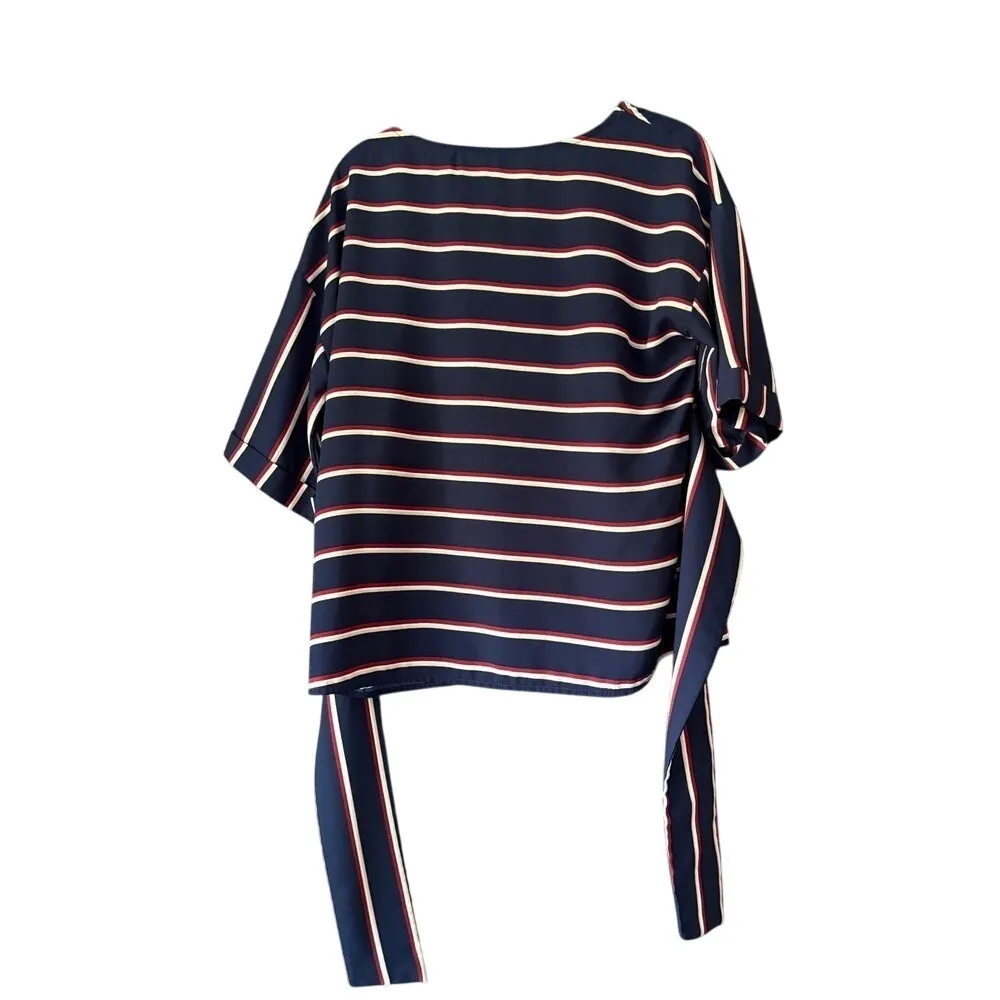 Striped Tie Waist Blouse‎ Top, Short Sleeve, Navy Blue, Red, White - Image 10