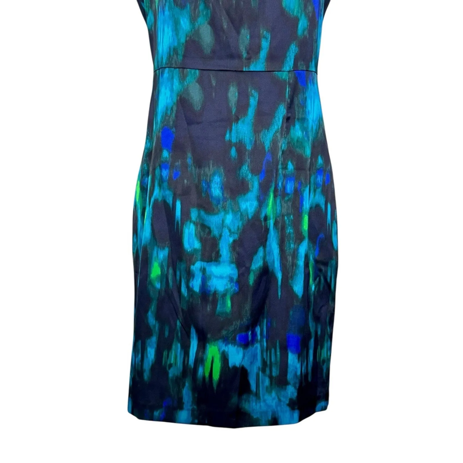TAHARI Charma Silky Sheath Dress Midnight Dream Abstract Teal Blue Green Size 8 - Image 4