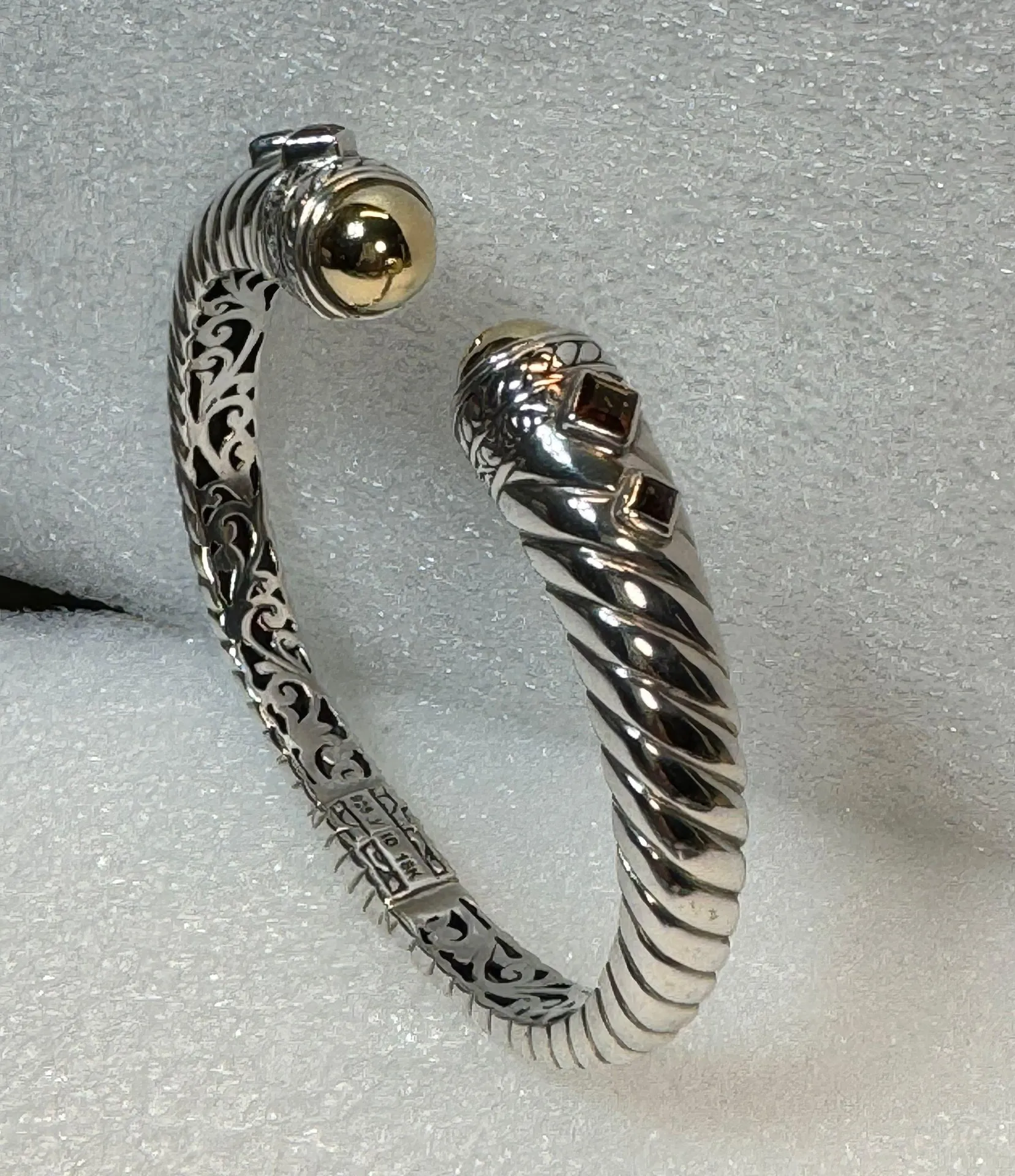 18K & 925 Cable Band Design & Filigree Citrine Cuff Bangle Bracelet - Image 4