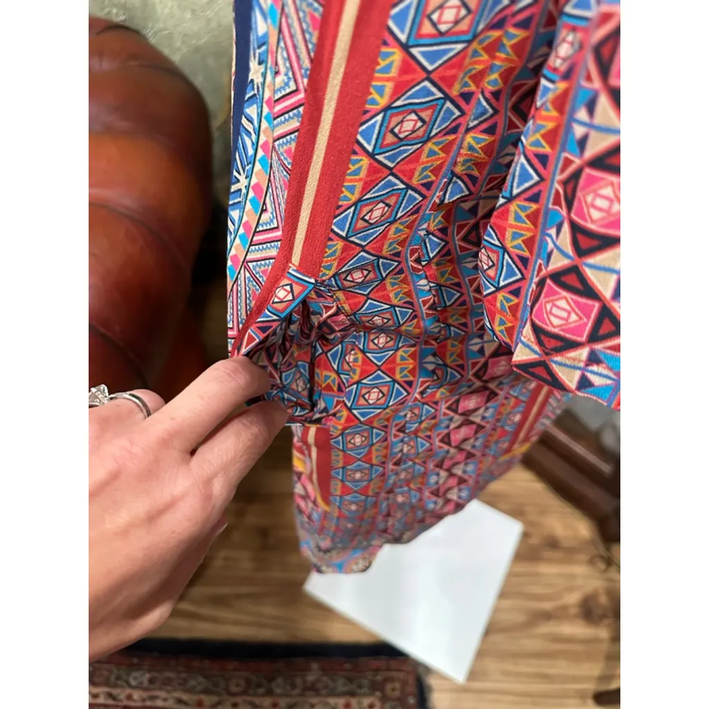 Women's Tolani Long Sleeve Dress M Red Blue Geometric Silk - Image 4