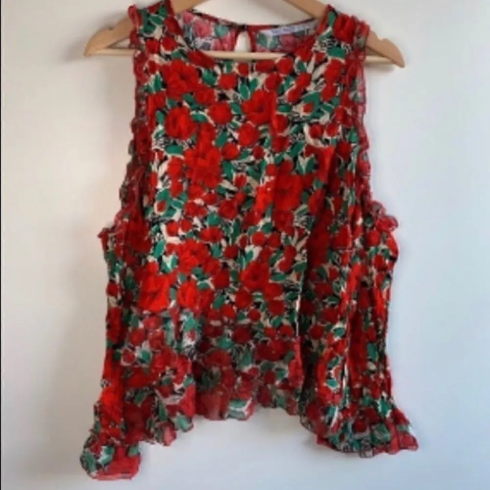 ZARA red flowers daisy print blouse shirt tee top long sleeve off shouldered sz s - Image 2