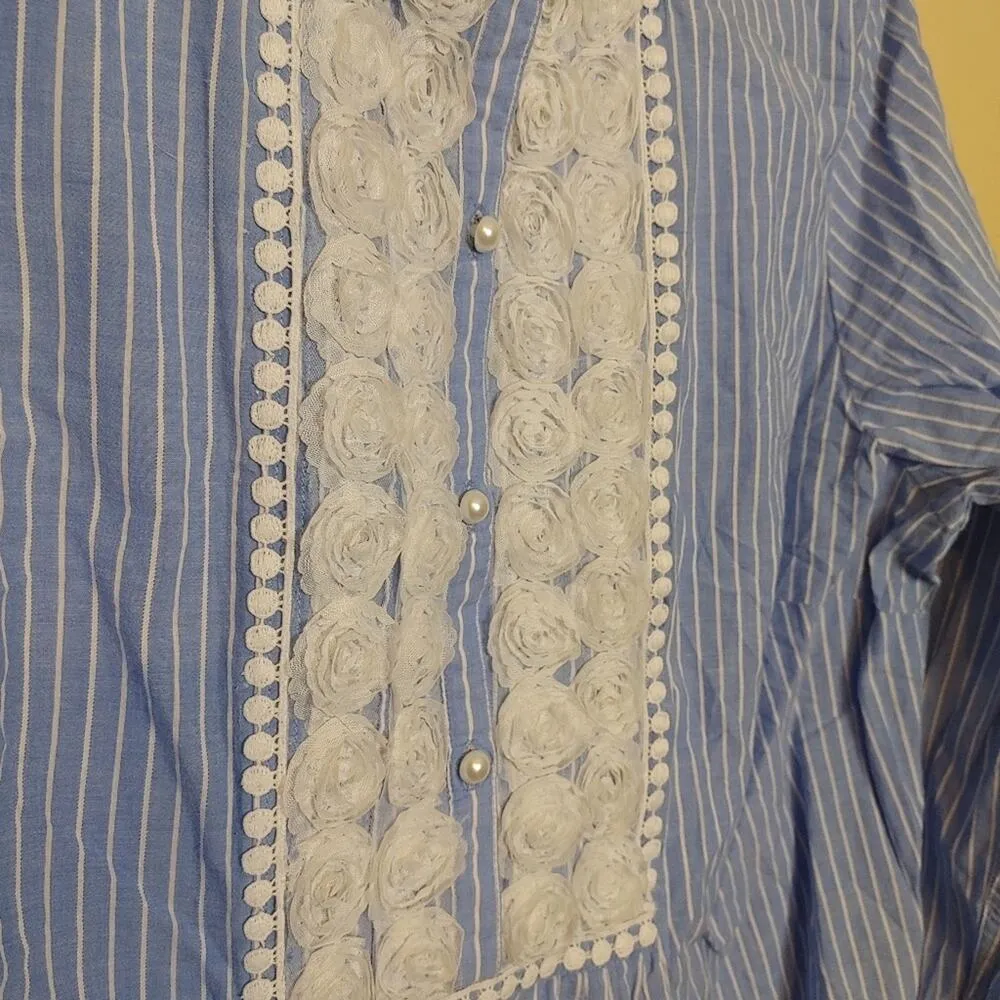 LL Bean Size Large White Blue Long Sleeve Pearl Button Top Stripes Frilly Rose - Image 11