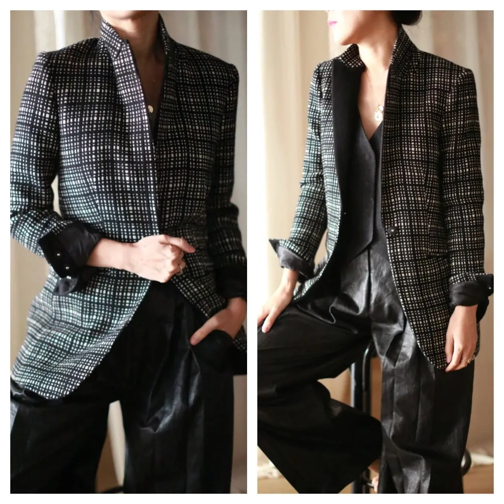 Lan Jaenicke Sloane Plaid Cashmere Peak Tuxedo Jacket Black White Size 3 US 8 - Image 2
