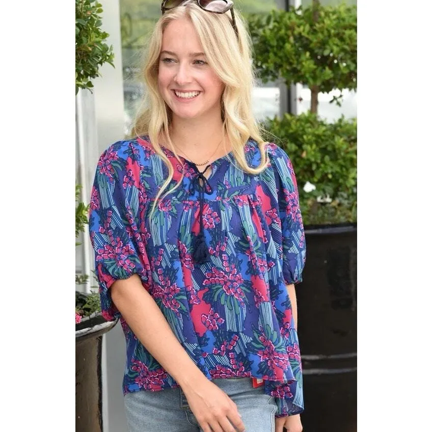 Michelle McDowell Penny Top Center Piece Navy Print Puff Sleeve Blouse block Blue Size M - Image 2