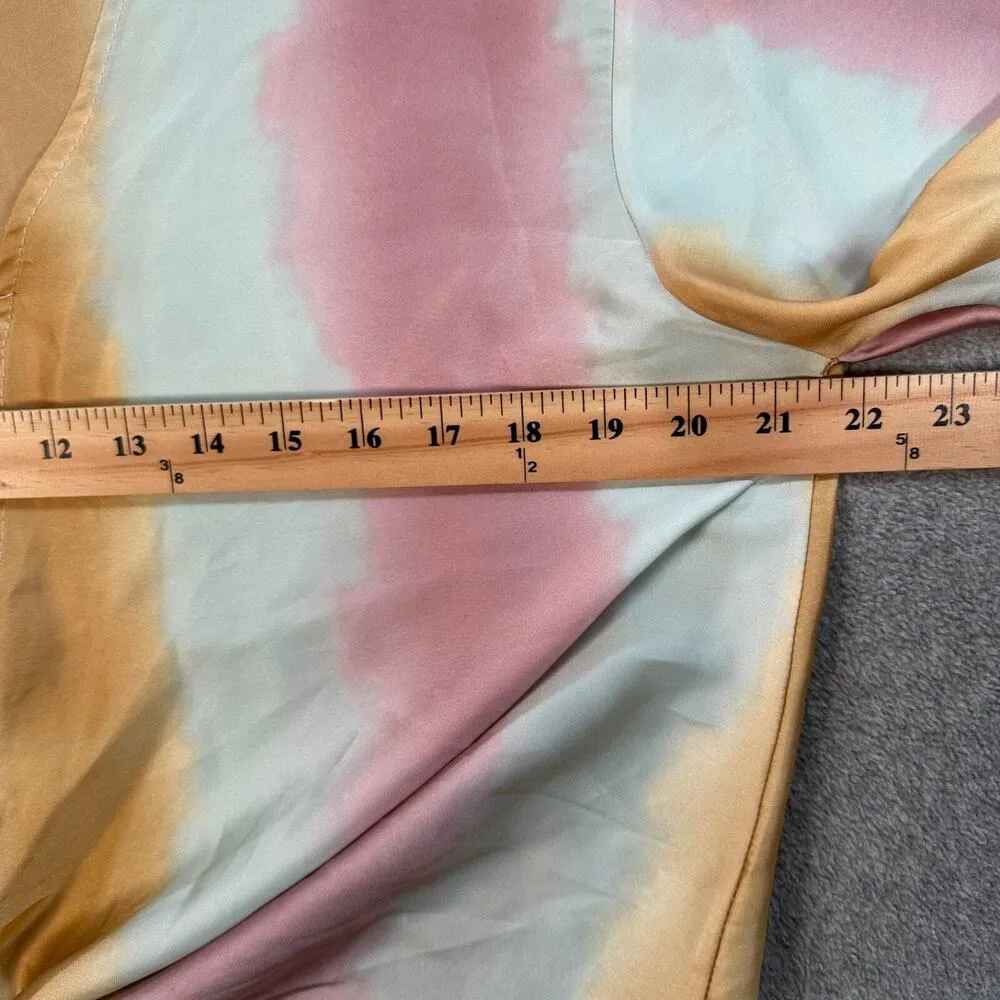 Adrienne Knotted Blouse Women's Medium Butterfly Sleeve V-Neck Satin Gold Blue - Image 5