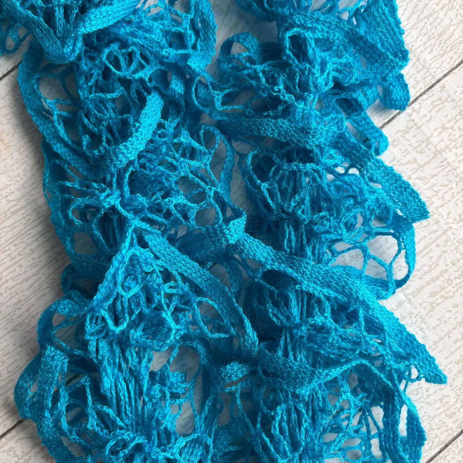 Handmade Crocheted Teal Blue Ruffle Scarf - Image 2