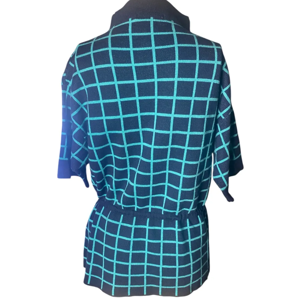 Vintage Christian Dior Paris Teal & Navy Blue Grid Print Knitted Top fits L/XL - Image 3