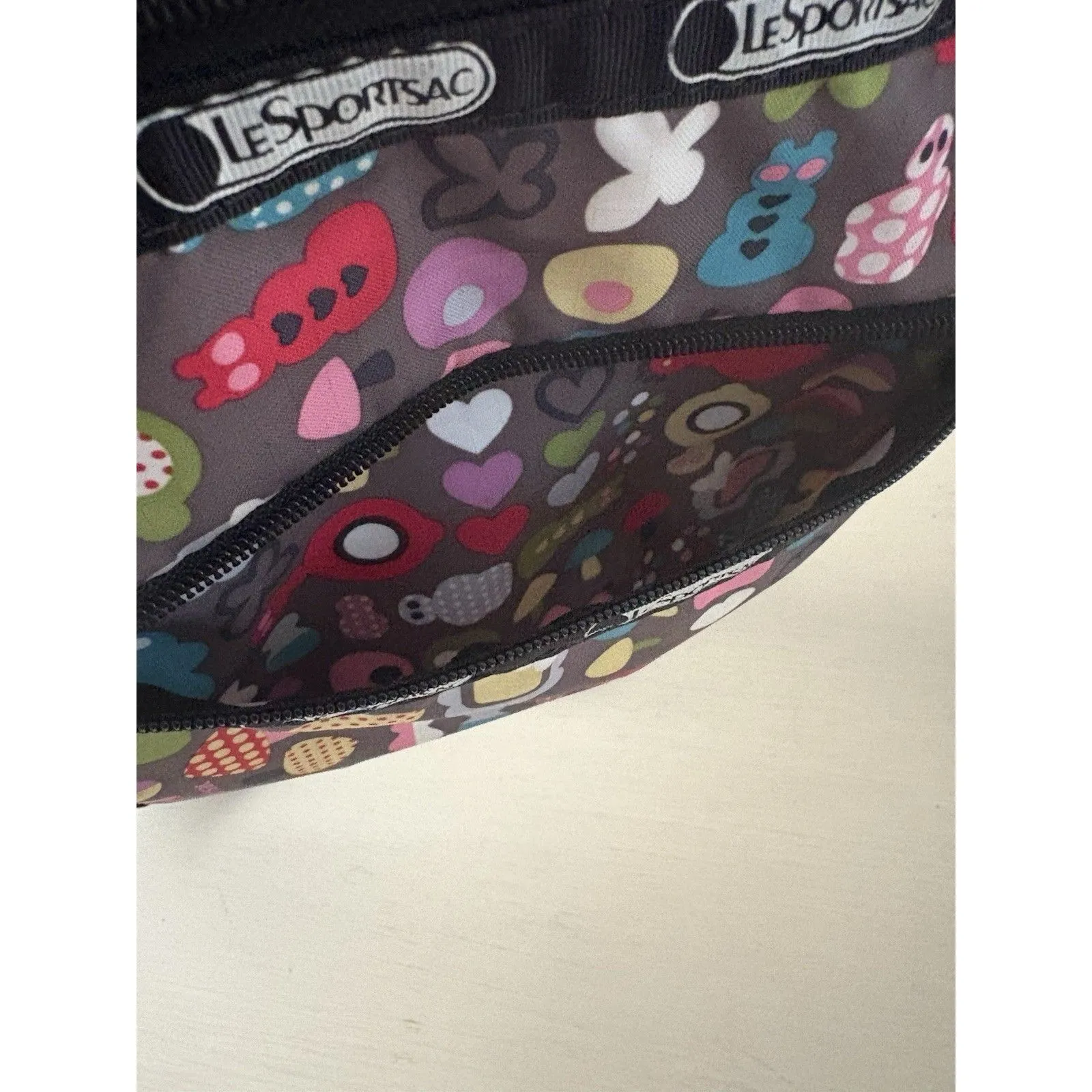 LeSportsac Gray Toot Print Triple 3 Zip Crossbody Mushroom Hearts Butterflies - Image 7