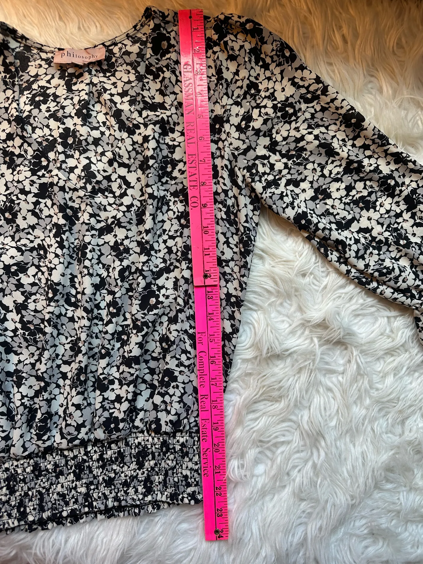 Philosophy Black White Floral V-Neck Blouson Sleeve Smocked Waist Women’s Small - Image 13