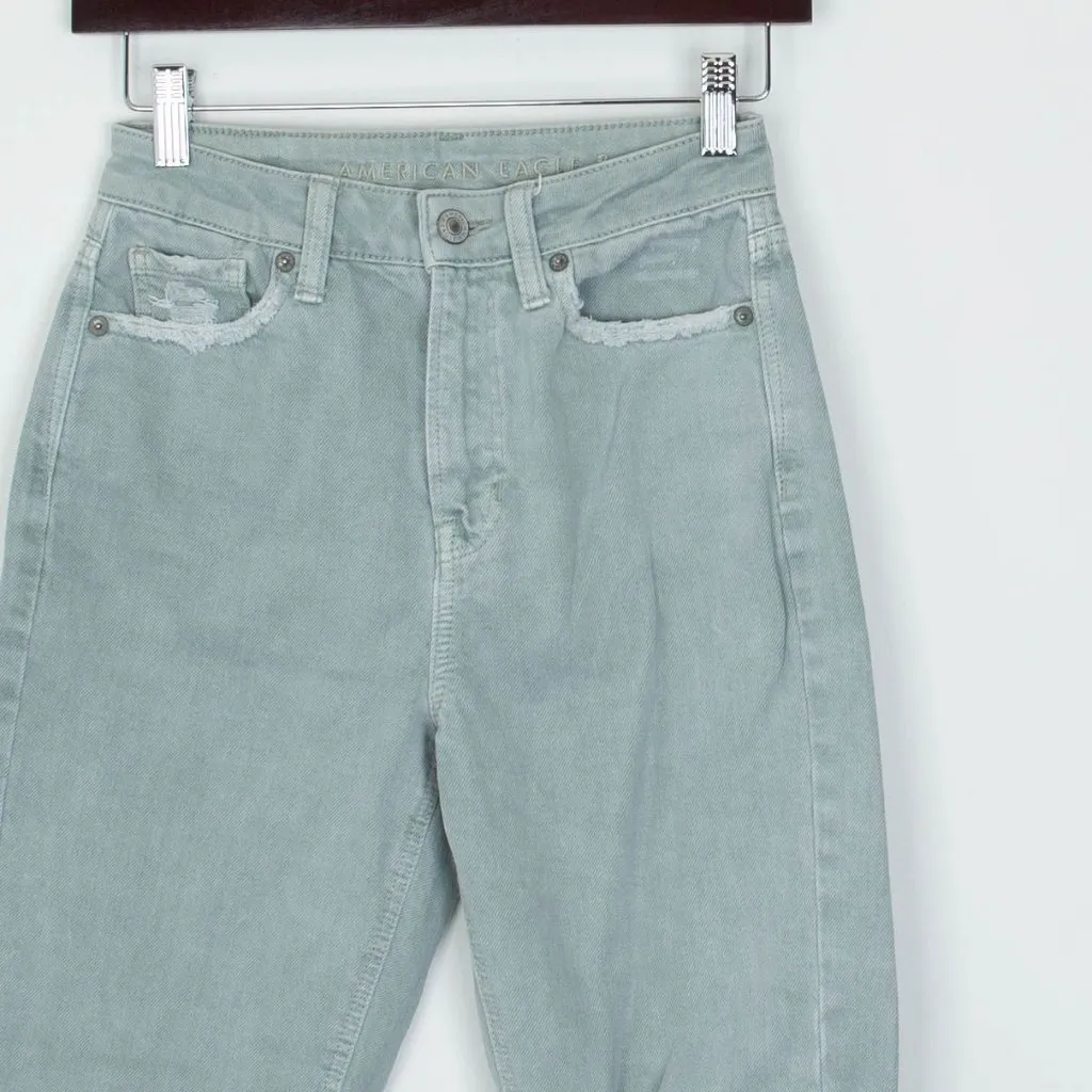 American Eagle Womens Mom‎ Straight Jeans Size 00 Long Green Distressed Grunge - Image 2