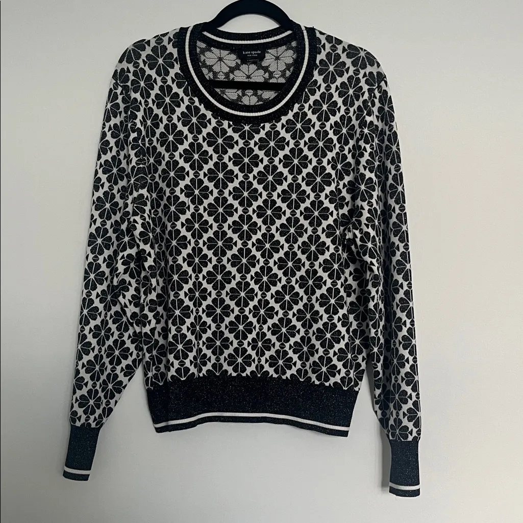 Kate Spade Monogram Spade Flower Sweater (Sz L) Black & White Holiday Shimmer - Image 2