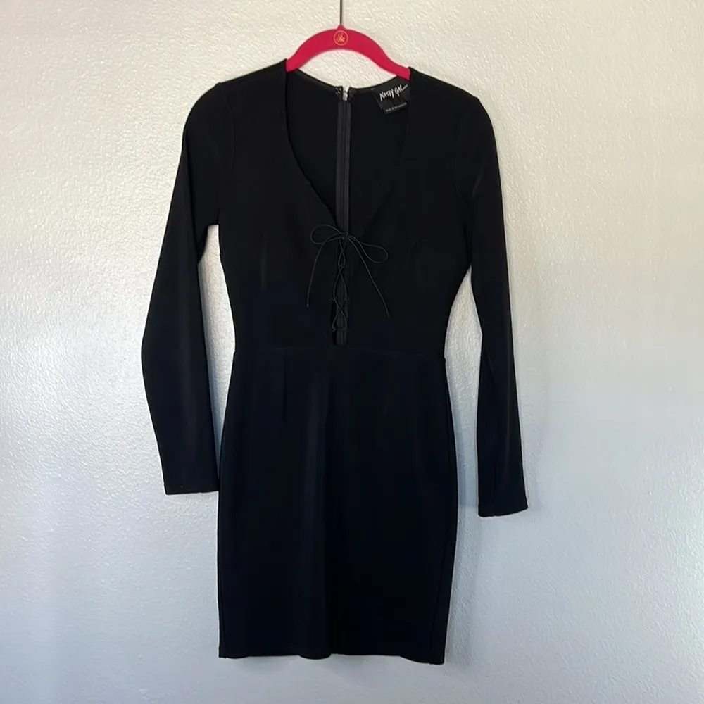 EUC Nasty Gal Black Long Sleeve Lace Up Front Mini Dress sz S - Image 2