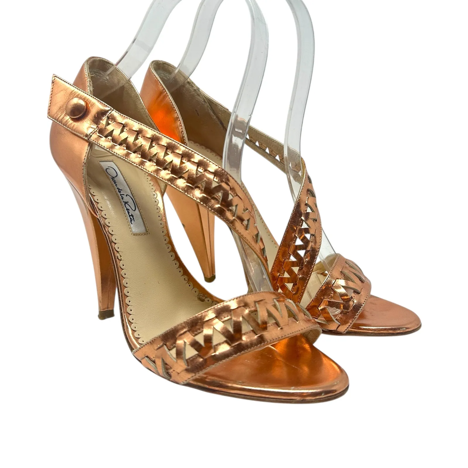 Oscar de la Renta High Heel Sandals Leather Braided Metallic Rose Gold 37 US 7‎ - Image 2