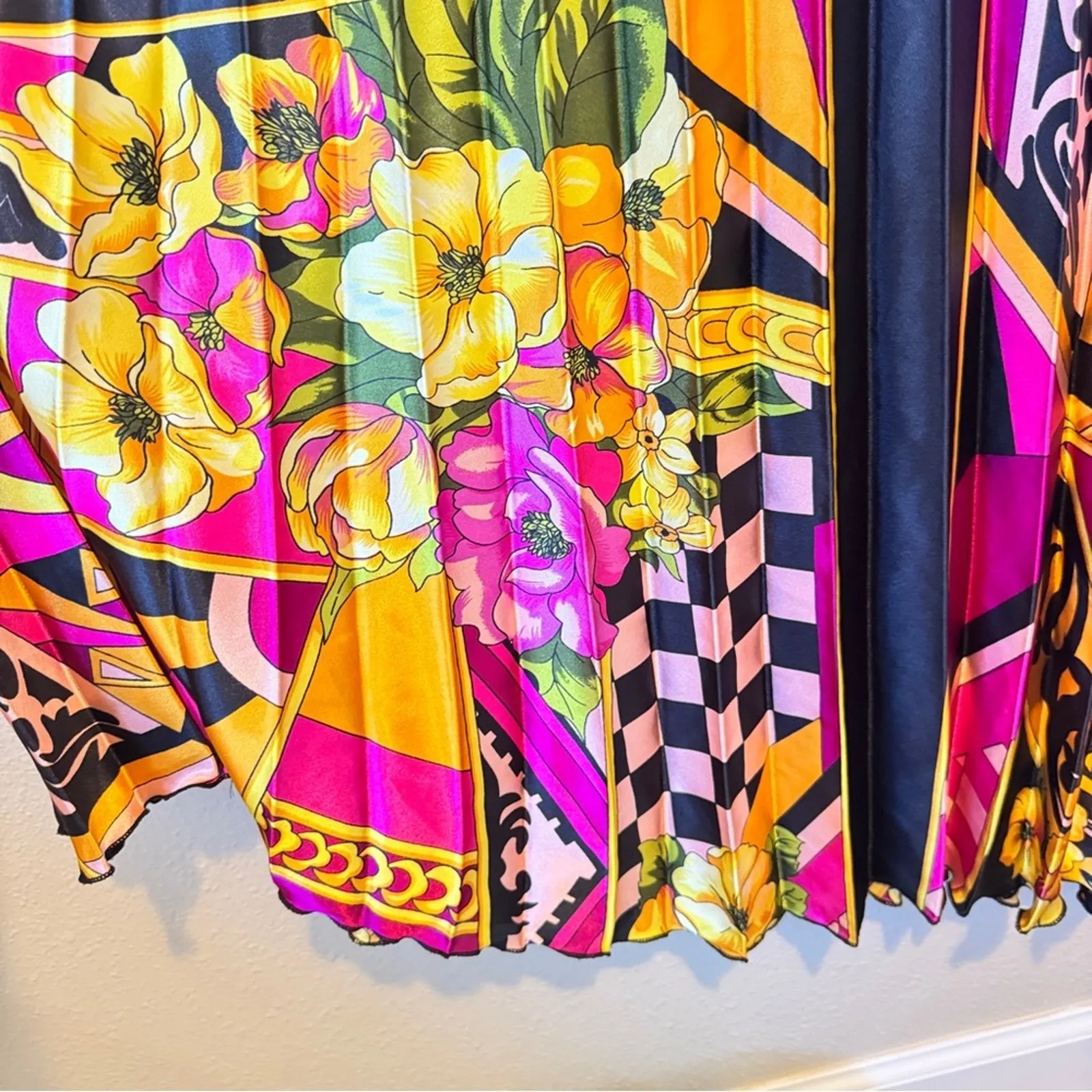 Cache Vintage Y2K Halter Maxi Dress Womens 2 Silk Pleated Mixed Print Rivera - Image 6