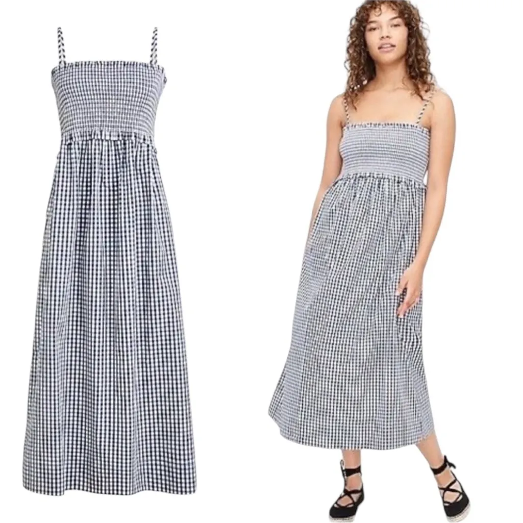 J. Crew Smocked Cotton Poplin Dress in Gingham Navy and White Size 2 - Image 12