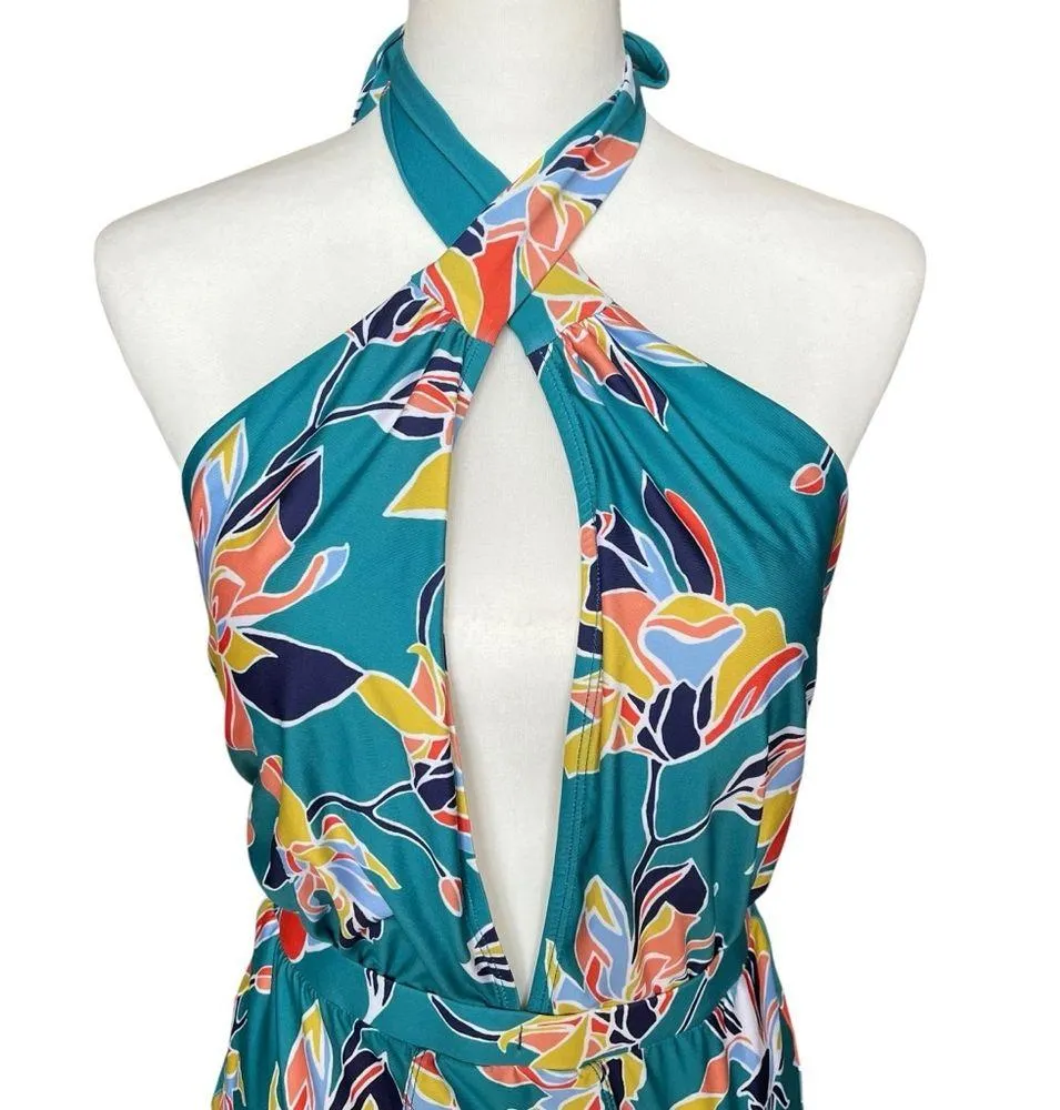 ModCloth Swimsuit Women’s Medium Teal Floral One Piece Bethany Halter Retro - Image 5