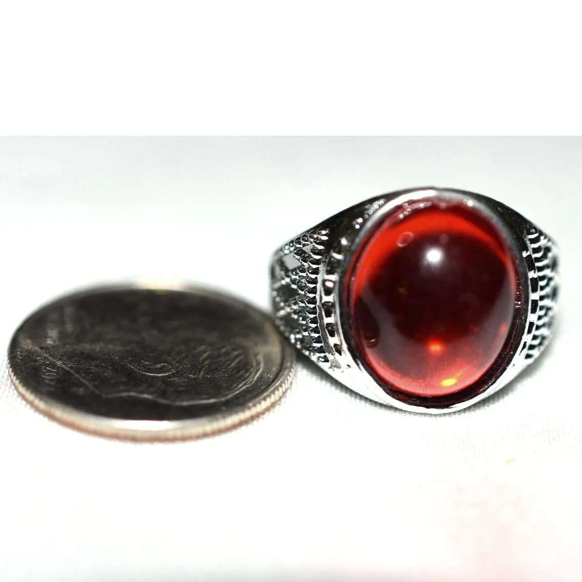 Vivid Red Oval Stone Inlay Diamond Design Etched Band Sizes 4.5,5.5 & 6.5 Rings - Image 2