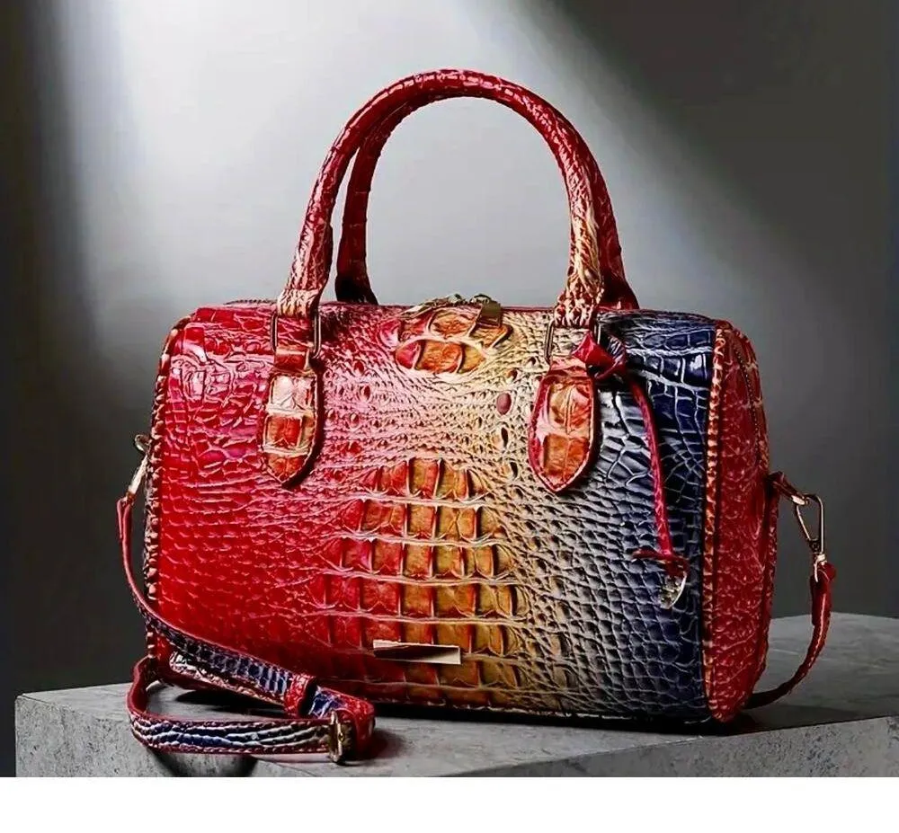 Crocodile Embossed Boston Top Handle bag Red Yellow Blue - Image 2