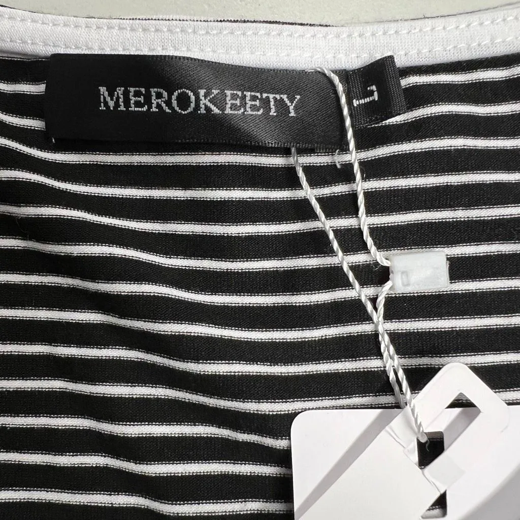 MEROKEETY 3/4 Sleeve Striped TShirt  Dress With Pockets Large Black White NEW - Image 11