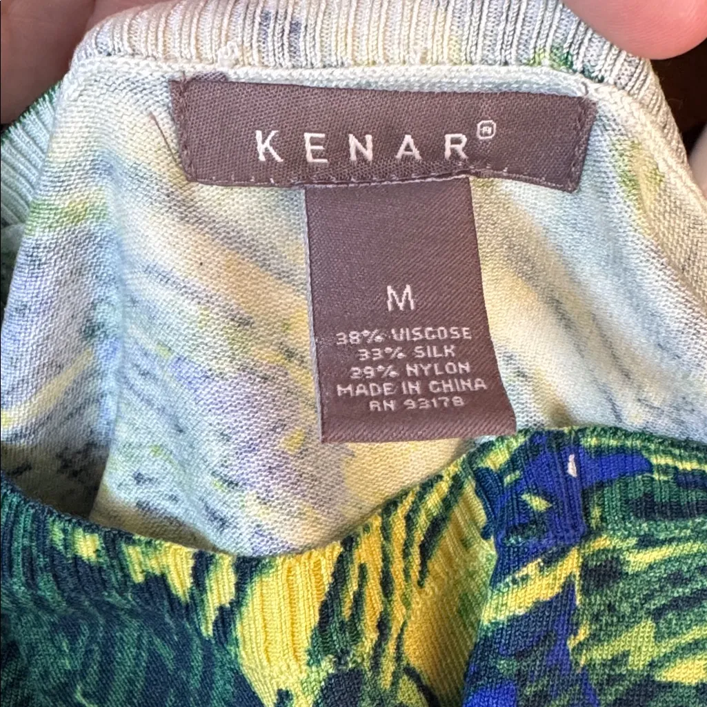 KENAR Blue Green Silk Blend Daphne Knit Top Size M Multicolor Print Short Sleeve - Image 3