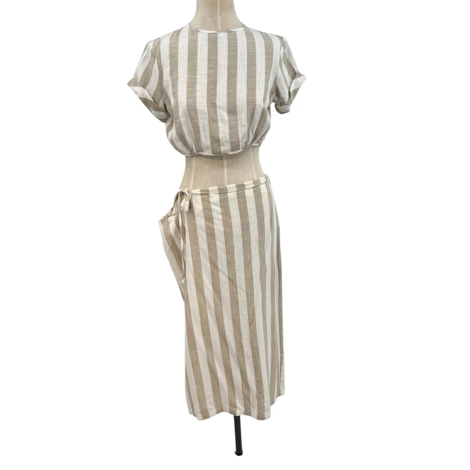 Lioness Fazio Skirt Set Tee Shirt Pinstripe Neutral Linen Nude White Size Medium - Image 3