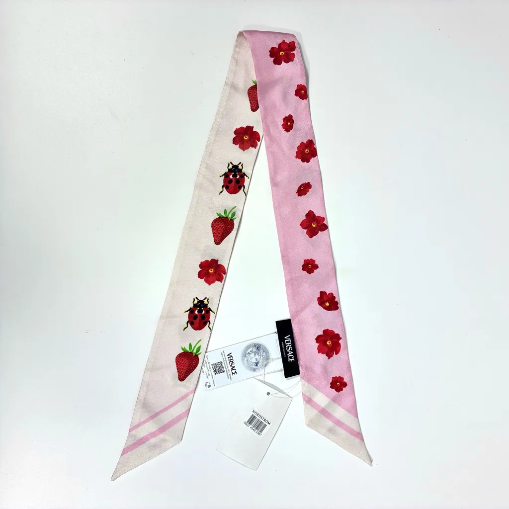 Versace Strawberry Garden Silk Skinny Twill Scarf Tie Logo Pink Red NWT - Image 4