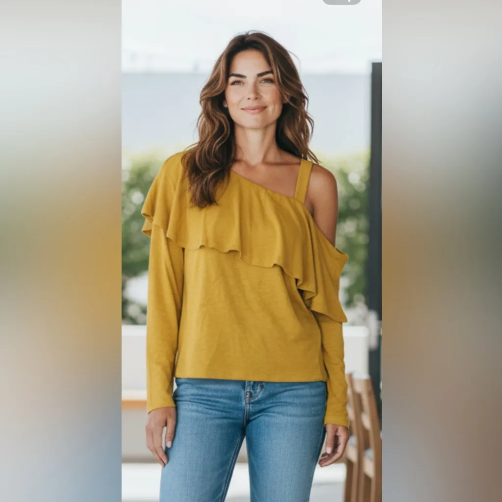 Anthropologie Postmark yellow one shoulder ruffle knit blouse sz‎ small NWT - Image 2